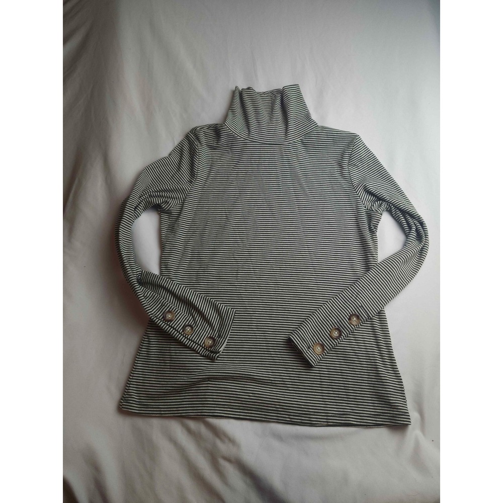Tahari Green Striped Ribbed Turtleneck Top with Button Cuffs Size‎ Medium Womens